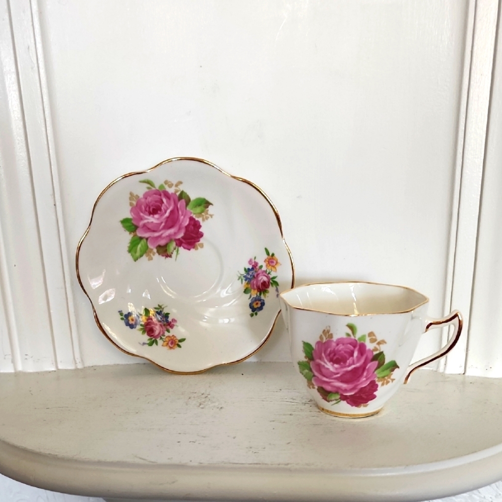 Clare Bone China Teacup and Saucer, Made In England